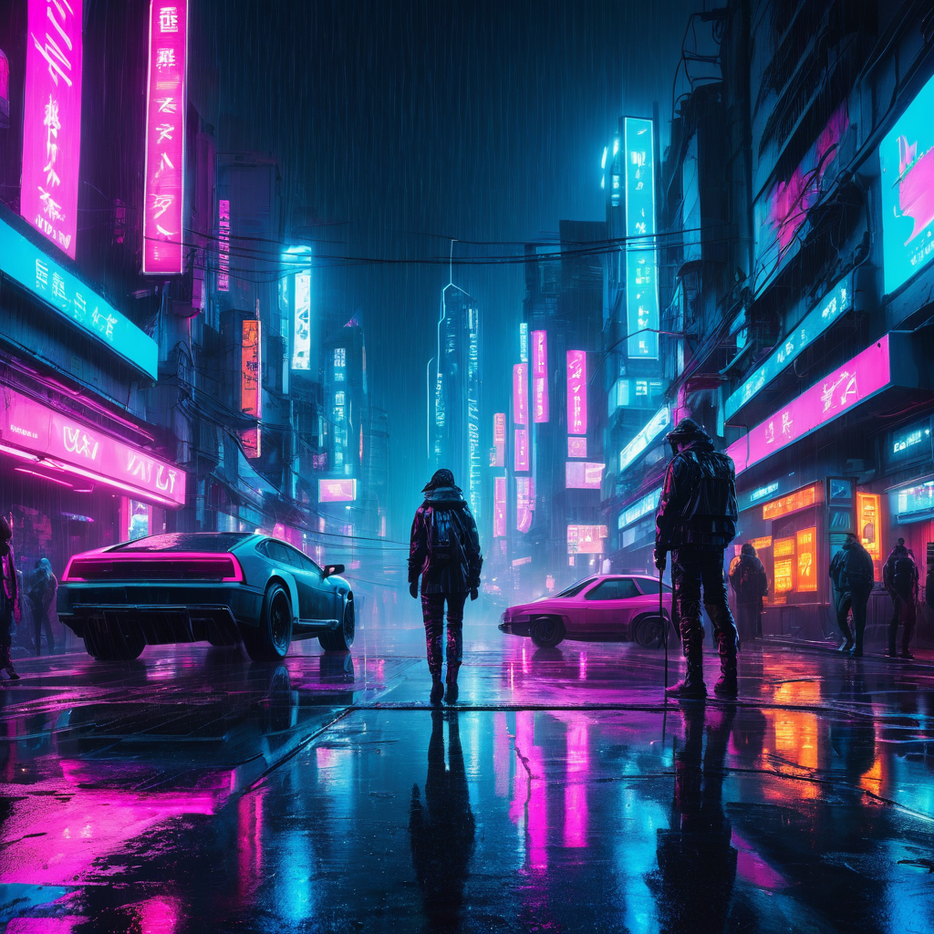 Miasto nocą, neonowy cyberpunk, deszcz