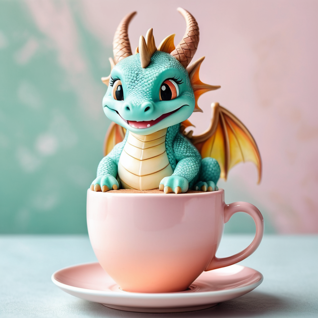 Uroczy smok w filiżance, pastelowe barwy