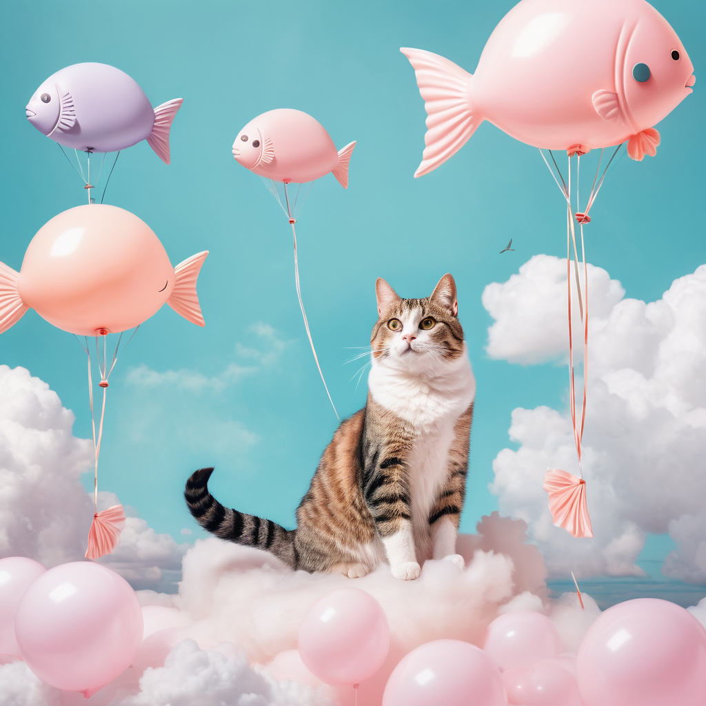 Kot z balonami, surrealistyczne niebo i ryby